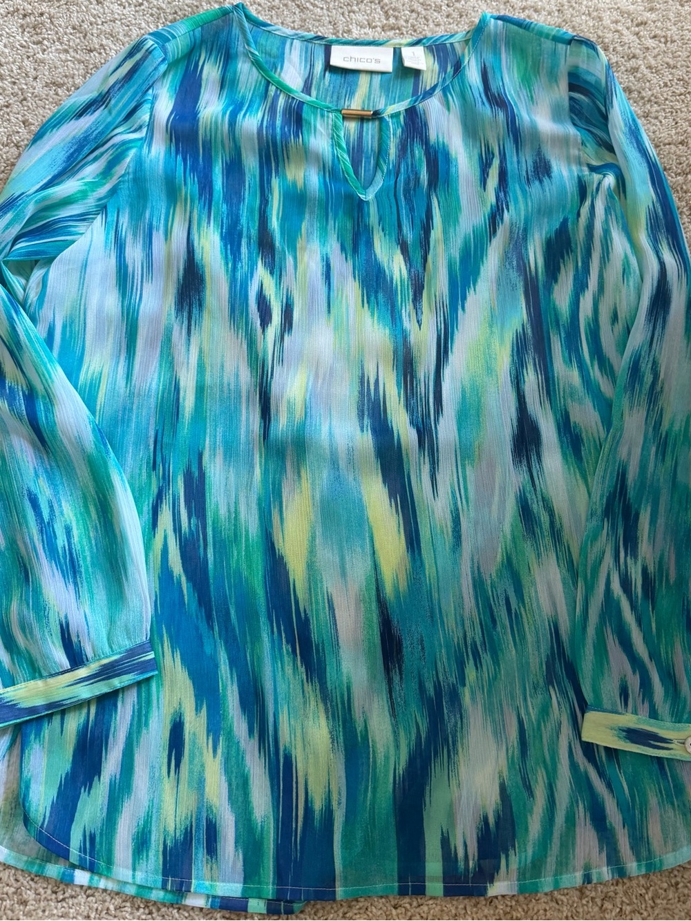 Chico's Teal Blue Green Abstract Print Long Sleeve Blouse